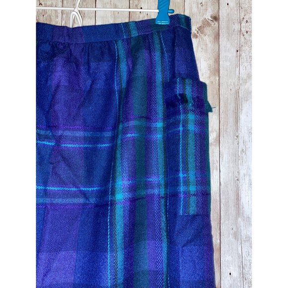 Women's Vintage Tanner Sport Blue Green Plaid Wool Zip Pencil Skirt Size 12 - Picture 6 of 12